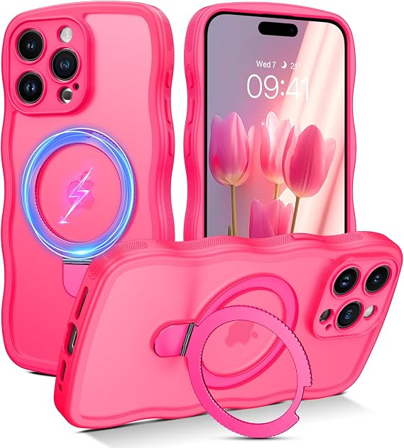 BENTOBEN Magnetic for iPhone 15 Pro Max Case with Invisible Stand [Compatible with Magsafe] Cute Curly Wavy Matte Phone Case iPhone 15 Pro Max Slim Ring Kickstand Shockproof Women Men Cover, Hot Pink
