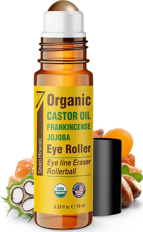 Seven Minerals Organic Castor Oil Roll On Eye Roller for Under Eye Bags, Dark Circles & Wrinkles - Powerful Blend of Castor, Frankincense & Jojoba - Brighten, and Revitalize Skin & Face - 0.33 fl oz