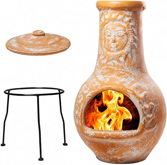 Terracotta Chimenea Outdoor Fireplace, Clay Chiminea with Lid & Metal Stand | Wood Burning Style, Rustic Garden Decor, Patio Fire Pit Alternative, Backyard Accent