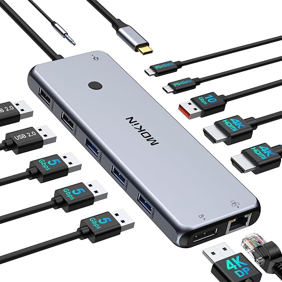 13-in-1 USB C Docking Station Dual Monitor Adapter for Laptop, 2 HDMI, DisplayPort, 100W PD Charging, Gigabit Ethernet, 8X USB C/A Ports, Audio, SD/TF Card Reader for Dell,HP,Lenovo,Surface, MacBook