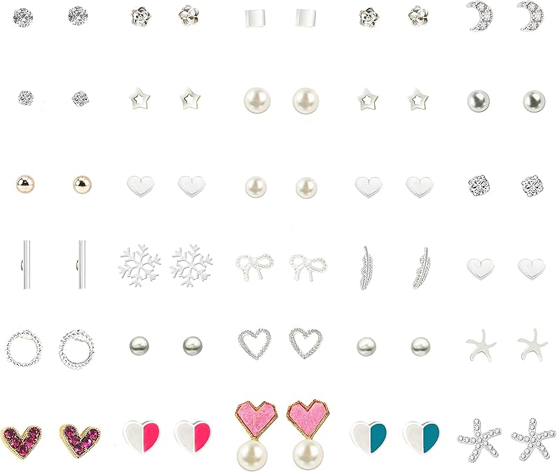 Stud Earrings Set Crystal Pearl Round Circle Heart Cubic Zirconia Geometric Ball Hypoallergenic Earring Set Charm Trendy Piercing Jewelry Gift for Women Girls Teens Lady,30 Pairs Earring