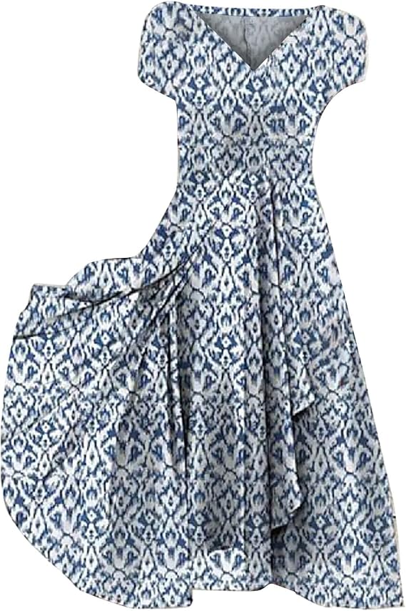 Summer Dress Women's Lightweight Long V-Neck Beach Dress Casual Chiffon Dresses Loose Short Sleeve Casual Dress Elegant A-line Midi Dress Loose Casual Long Teenager Girls Summer Light Summer Dresses
