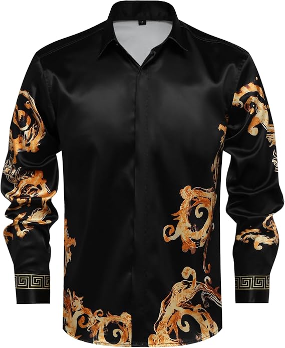 Mens Luxury Brand Print Silk Satin Design Button Down Dress Shirt