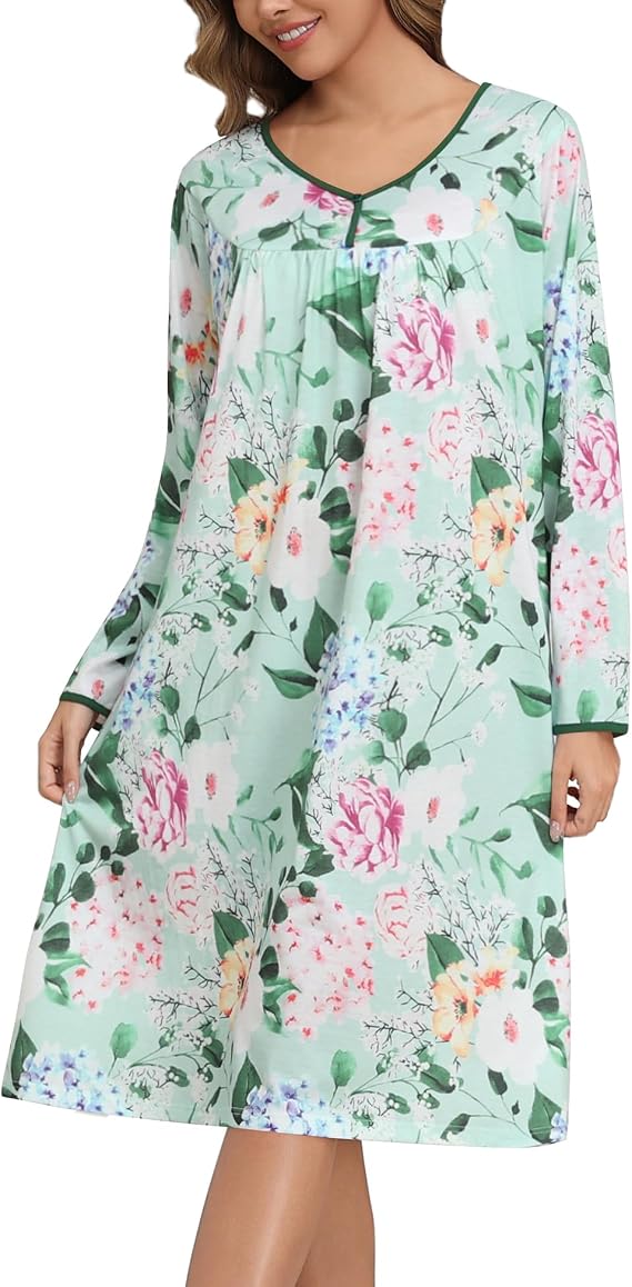 YOZLY Nightgows for Women Soft Ladies Night Gowns Long Sleeve Sleepwear with Pockets
