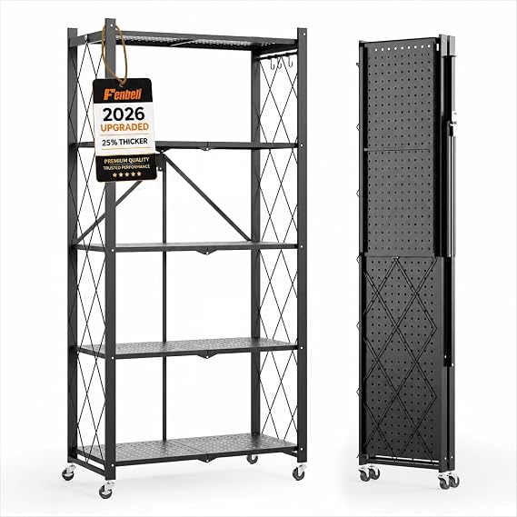 Fenbeli 5-Tier Foldable Metal Storage Shelf with Wheels, 750 lb Capacity