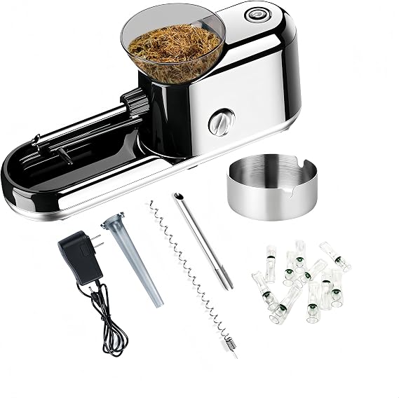Electric Cigarette Rolling Machine Automatic Electric Cigarette Injector Machine Set with Metal Ashtray Cigarette Tips 3 in 1 Tubes for King/Regular/Slim 100s Cigarette and Pre Roll Cones (Black)