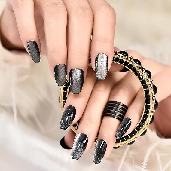 Elevenail Glossy Shiny Black Press On Nails Coffin Medium Length Nails Salon Women Girls Manicure Glitter Cat Eye Nail Art Tips Fake Nals Reusable Acrylic False Nails Stick On Nails