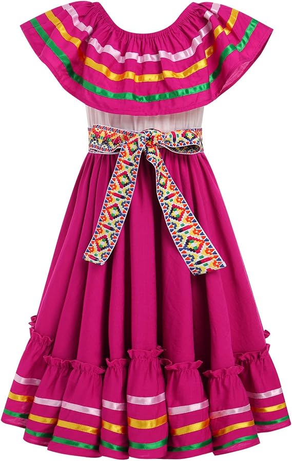 IKADEX Girls Traditional Mexican Dress Off Shoulder Striped Cinco de Mayo Party Dresses with Belt