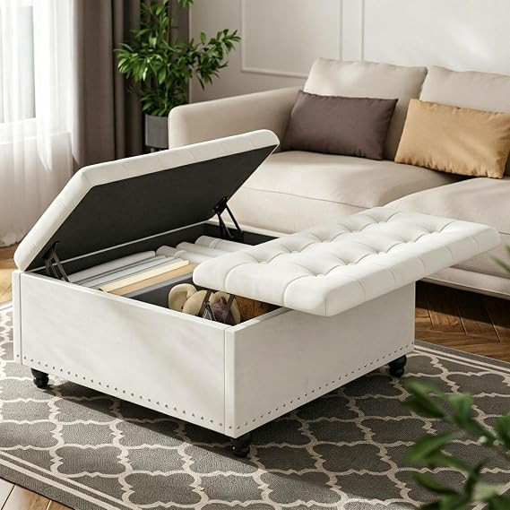 FUXA 35" Large Square Ottoman with Storage and Lift Top, Wood Legs, Beige