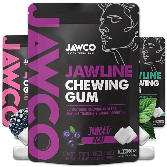 JAWCO Ultra-Tough Jawline Gum Variety 3-Pack | Acai, Mint, Bubblegum | Get a Stronger, Squarer Jawline | 15X Harder than other Gum | Jaw Training Hard Chewing Gum | Chisel & Sculpt your Jawline
