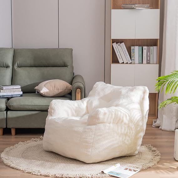 Bean Bag Chairs, Soft Tufted Foam Bean Bag Chair with Teddy Fabric for Adults and Kids, Comfy Lazy Sofa for Living Room, Bedroom (Ivory)