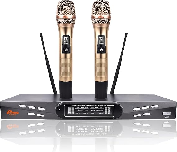 Professional Wireless Microphone System, Dual Channel Digital Display, Gold Handheld Mics with Receiver Base UHF-630