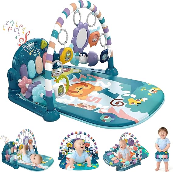 Baby Play Mat Baby Gym with 5 Detachable Activity Toys, Music and Lights, Funny Play Piano Tummy Time Baby Activity Mat, Play Mat Baby for 0-6 9 12 Months Newborn Boys and Girls Gift (Blue)