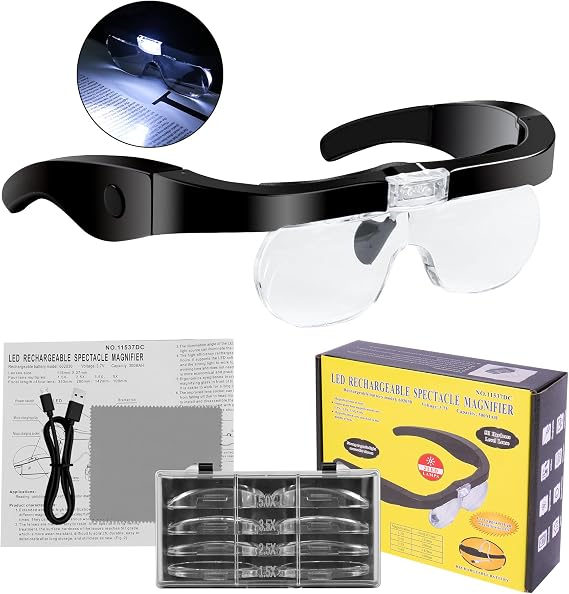 Head Magnifying Glass with Light Rechargeable Headband Magnifier for Close Work Interchangeable Lenses 1.5X 2.5X 3.5X 5X for Jeweler Loupe, Arts and Crafts, Hobby (Black)
