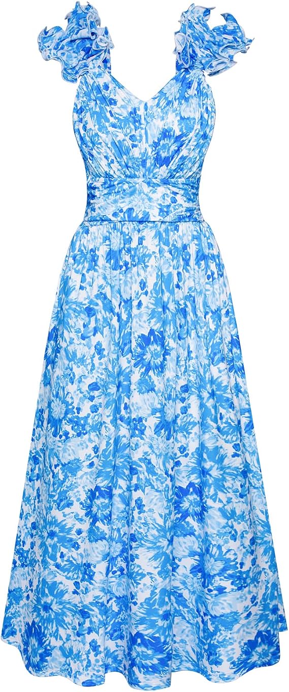 GRACE KARIN 2026 Women's Summer Floral Print Dress | Sleeveless Casual Flowy Sundress, A Line Ruffle Wedding Guest Outfit, Long Beach Dress with Adjustable Strap and Pocket