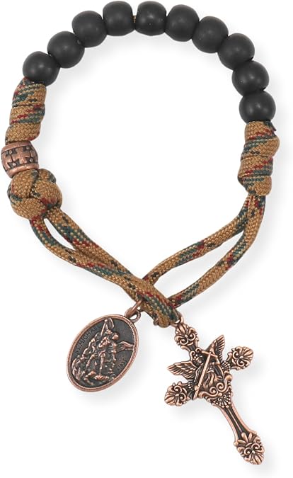 Nazareth Store Strong One Decade Paracord Rosary Black Beads Pocket Car Rosary St Michael Medal & Archangel Cross