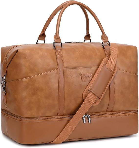 Weekender Bags for Women: PU Brown Large Overnight Bags Travel Duffel Bag Carry On Shoulder Weekend Tote with Shoe Compartment and Wet Pocket for Girls Airplane Traveling, Gym