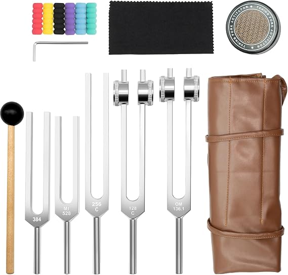 Tuning Forks for Healing Set - 128Hz, 136.1Hz, 256Hz, 384Hz, 528Hz Weighted & Unweighted Tuning Forks for Stress & Sleep, Mental Focus, Relaxation, Include Activator & Pouch, Rubber Mallet