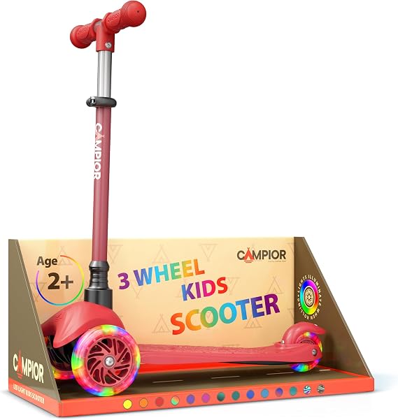 Red Mini 3 Wheel Scooter for Kids Lean-to-Steer with LED Light-Up Wheels, Adjustable Handlebar, Wide Anti-Slip Deck, Smooth PU Wheels, Rear Foot Brake Toddler Scooter for Ages 2+