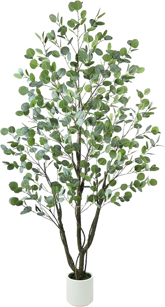 Caxchiling Artificial Eucalyptus Tree 6FT, Indoor Outdoor Faux Tree | Natural Trunk with White Planter for Home Office Living Room Front Door Decor