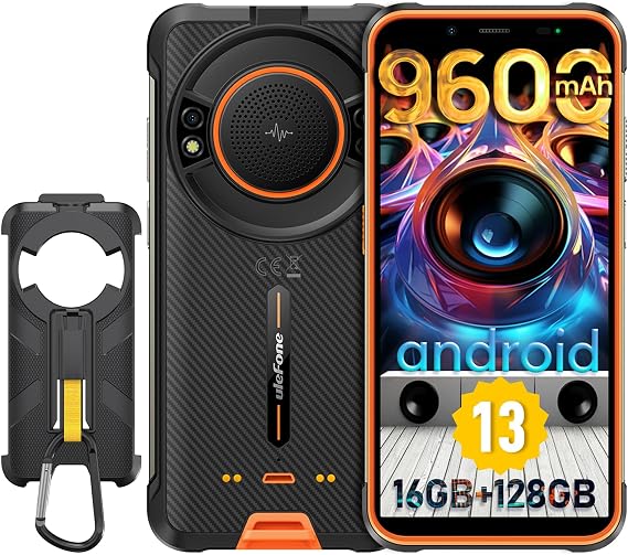 Ulefone Power Armor 16S & Case Rugged Smartphone, 16GB+128GB, 122dB HiFi Speaker, 9600mAh Battery, 50MP Dual Rear Camera, Rugged Phone Unlocked, IP68/69K, Waterproof Phone, Drop-Proof, Orange