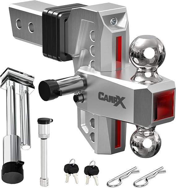 Adjustable Trailer Hitch Fits 2.5" Receiver 6-Inch Drop/Rise, Silver | Aluminum Tow Hitch with Reflector, 18,500 LBS GTW for Heavy Duty Towing, 2" & 2-5/16" Ball Mounts for RV,SUV, ATV and Truck
