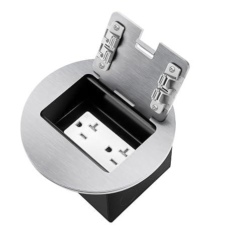 Recessed Floor Outlet Box, Deeper 20A TR Floor Receptacle, Silver | 20 Amp Tamper Resistant, 140mm Round Floor Outlet Cover Plate, 1-Gang, Flush Mount