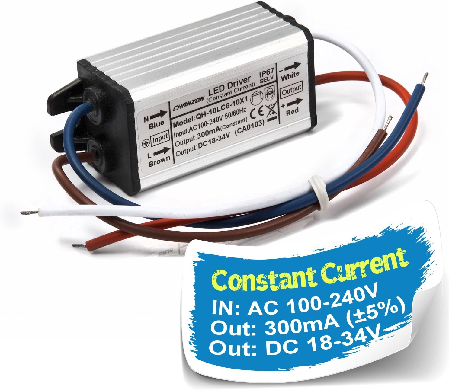 Chanzon LED Driver 300mA (Constant Current Output) 18V-34V (In:85-277V AC-DC) (6-10)x1W 6W 7W 8W 9W 10W IP67 Waterproof High Power Supply 300 mA Lighting Transformer Drivers for COB Chips (Aluminium)