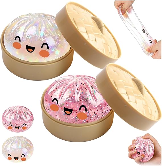 2Pcs Squishy Bao Dumpling, Squishys Dumplings Stress Fidget, Bao Bun Squishy, Sensory Stress Ball Toys with Steamer Box, Mystery Dumpling Squishies for Kids & Adults（Pink+White）