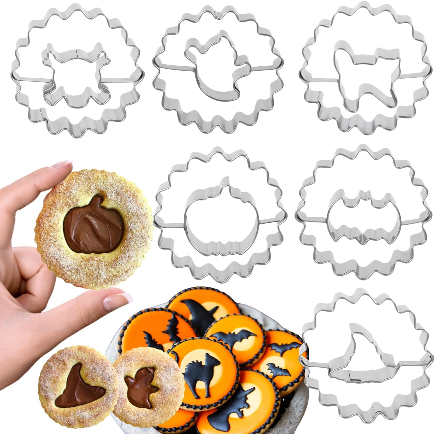Halloween Cookie Cutters Set, 6 Pcs Mini Halloween Linzer Biscuit Cutters Set, Stainless Steel Metal Halloween Cookie Cutters Shapes - Pumpkin, Ghosts, Bat, Witch Hat for Halloween Holiday Baking