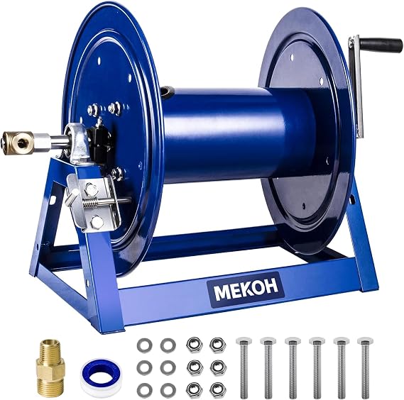 MEKOH Pressure Washer Hose Reel 3/8"x350ft, Hand Crank Power Washer Hose Reel 1/4"x455ft, 5000PSI, Heavy Duty Steel Hose Reel with Trailer/Wall Mount, A-Frame Manual Reel for Water - Requires Assembly