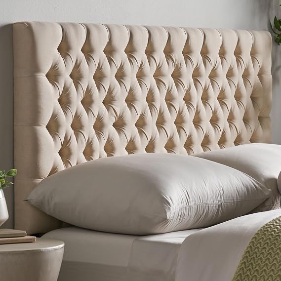 Headboard Queen Size, Tufted Upholstered Bed Back, Fabric Queen Headboard Adjustable Height, Button Decoration Wooden, Bedroom (Beige + Fabric)