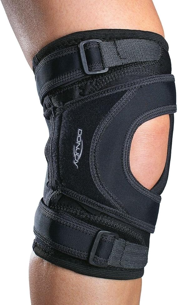 DonJoy Tru-Pull Lite Knee Brace for Patella Instabilities & Dislocations with Bifurcated Strap & Dual-Durometer Buttress | Black | LEFT LEG, -Large