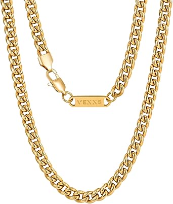 VEXXS Men's Gold Chain, 18K Real Gold Plated Miami Cuban Link Chain, Durable No Color Fading 3mm 4mm 6mm Men s Necklace Chain Urban Fashion Street Wear