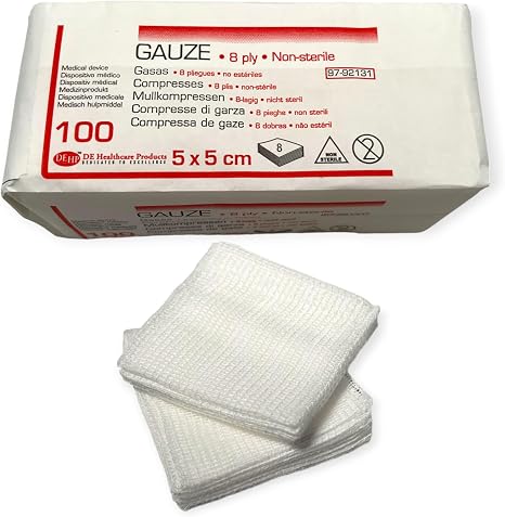 Gauze Dressings (Pack of 100) 5 × 5 cm 8 Layers Non-Sterile Wound Dressings 100% Fibre-free Cotton