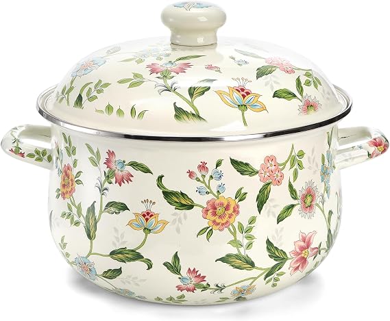 Jucoan 5 Quart Enamel Stockpot with Lid, Green Floral Enamelware Cooking Pot with Dual Handles for Stovetop, Large Soup Pot Potpourri Simmer Pot Gift for Housewarming Bridal Shower Mother's Day
