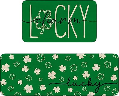 Lucky Charm St. Patricks Day Kitchen Rugs Set of 2, Green Clover Kitchen Mats for Floor,Shamrock Non-Slip Sink Mats Kitchen Decor Rug