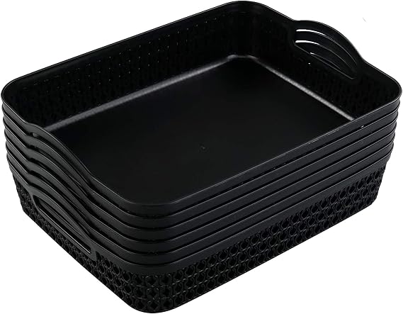 6-Pack Large Plastic Shallow Storage Basket Tray, Black StorageTrays for Shelves