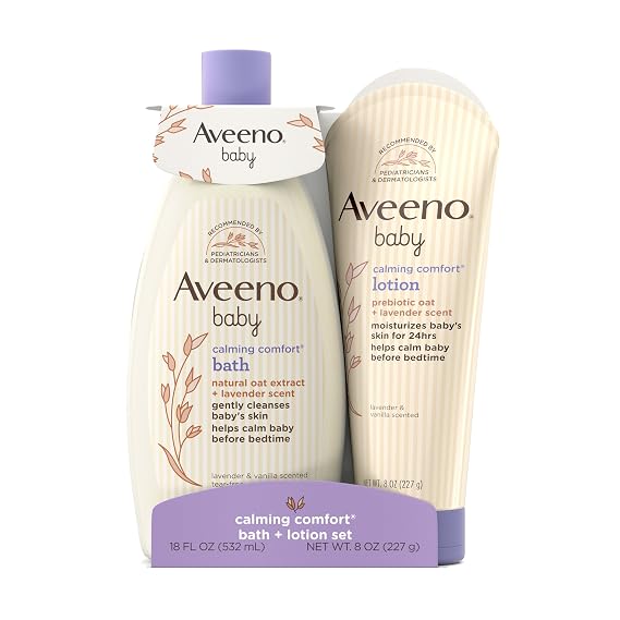 Aveeno Baby Calming Comfort Bath + Body Lotion Set, Nighttime Baby Wash & Baby Lotion with Oat Extract, Soothing Lavender & Vanilla Scent, Gently Cleanses & Helps Calm Baby Before Bedtime, 2 Items