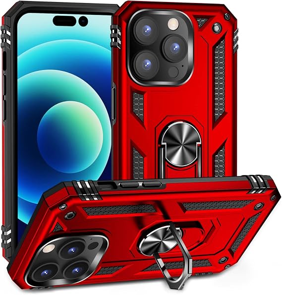 Fetrim Case for iPhone 14 Pro Shockproof Protective Case with Rotating Ring Stand for Apple iPhone 14 Pro Red