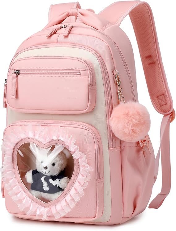 Girls School Backpack, Cute Kids Rucksack for Primary Secondary School, Kawaii Bookbag Aged 6-14 with Clear Heart Window & Pom Pom Charm