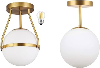 Bagood Globe Semi Flush Mount Ceiling Light Mid Century Ceiling Light with Milk Glass Shade Brass Finish&Gold Globe Semi Flush Mount Ceiling Light Mid Century Ceiling Light for Hallway (Bulb Incl.)