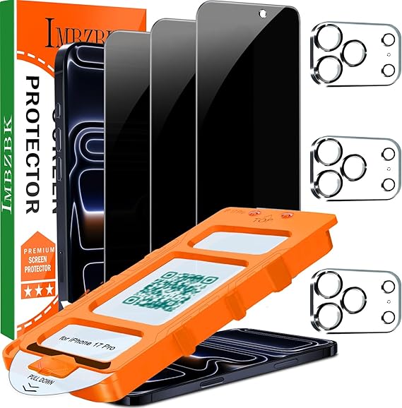 IMBZBK 3 Pack Privacy Screen Protector for iPhone 17 Pro, Tempered Glass | 9H+ Hardness, Military Grade Shatterproof, Case Friendly, Bubble Free Auto-Dust Removal, with 3 Camera Lens Protectors