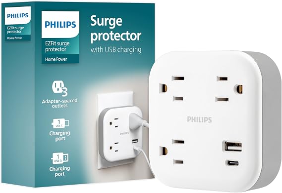 Philips EZFit 3-Outlet Surge Outlet Extender with USB, 1 USB-A, 1 USB-C | Adapter Spaced, Charging Station, 12W, 980 Joules, White - SPP9393W/37