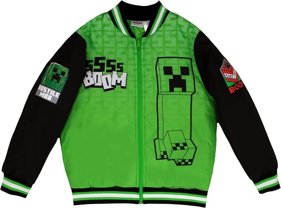 Minecraft Bomber Jacket for Boys, Zip-Up Graphic Print Varsity Jacket for Kids and Toddlers