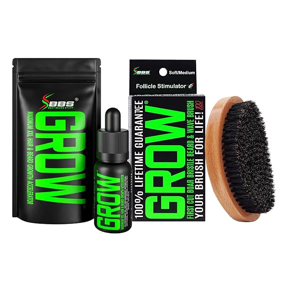 Beard Growth Kit w/GROW XXL Beard Oil/Serum for Facial Hair Growth for Men + 100% Lifetime Replacement First Cut Boar Bristle Brush & 360 Wave Brush for Men - Formulated in America