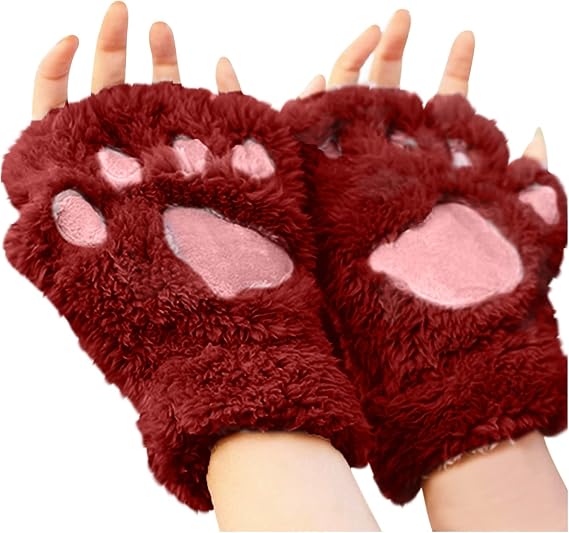 ROTORS Fingerless Paw Gloves, Thick Cat Paw Mittens, Cute Plush Paw Gifts for Women & Girls