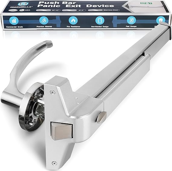 IRONWALLS Commercial Door Push Bar Panic Exit Device with Exterior Lever, 70cm/27.5 Stainless Steel Panic Bars for Exit Doors, Emergency Exit Panic Door Hardware for 28-41 Wood Metal Door, Silver | 27.5" Panic Bar Length, For 28-36" Wide Emergency Exit Doors, Stainless Steel Rim Exit Device, With Keyed Entry Door Handle