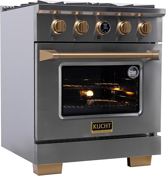 30 in. 4.2 cu. ft. 4 Burners Dual Fuel Range for Propane Gas in Stainless Steel with Gold Accents and Kucht Horus Thermostat
