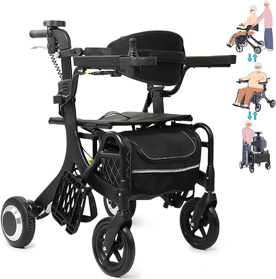 4 in 1 Rollator Walker Electric Wheelchair Combo,Electric Rollator Walker with Power Assist,Foldable Lightweight Transport Wheelchair,600W Magnesium Alloy MotorIdeal for Elderly & Rehab
